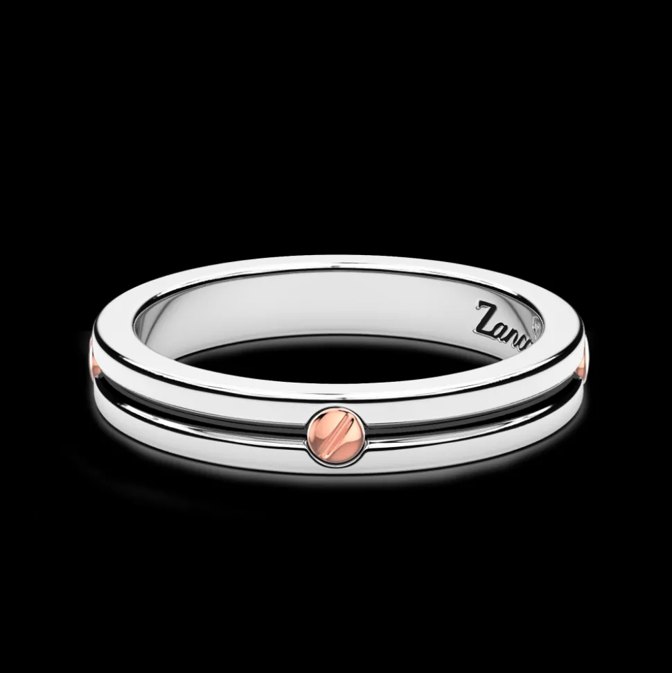 Anello a fede Zancan in argento con vite in oro rosa.