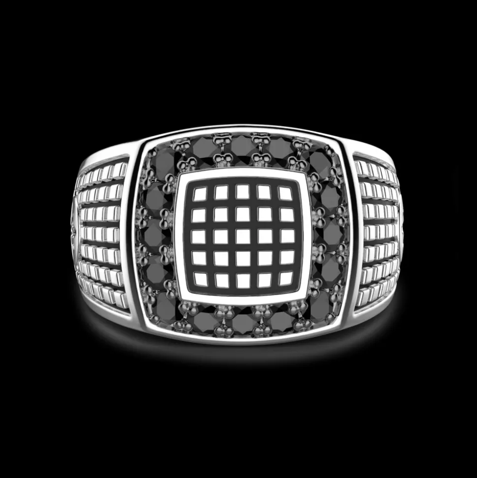 Anello chevalier Zancan in argento con pietre nere.