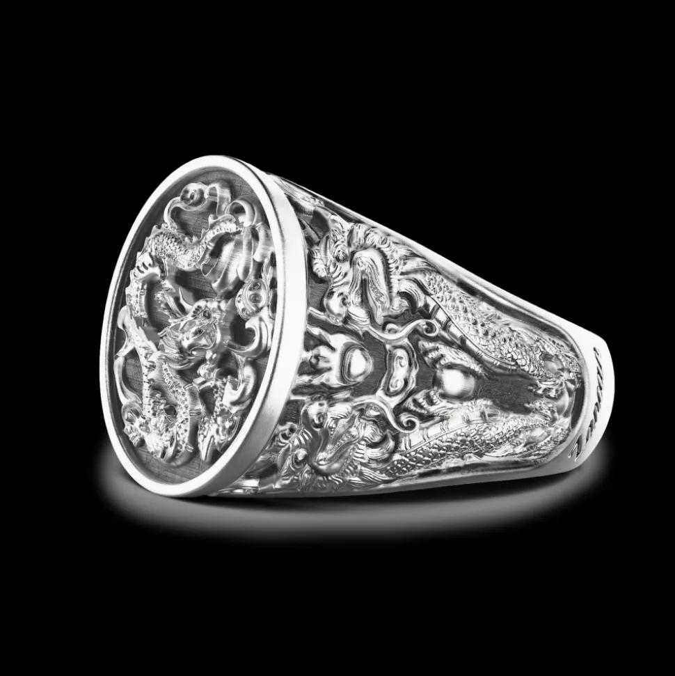 Anello chevralier Zancan in argento con drago.