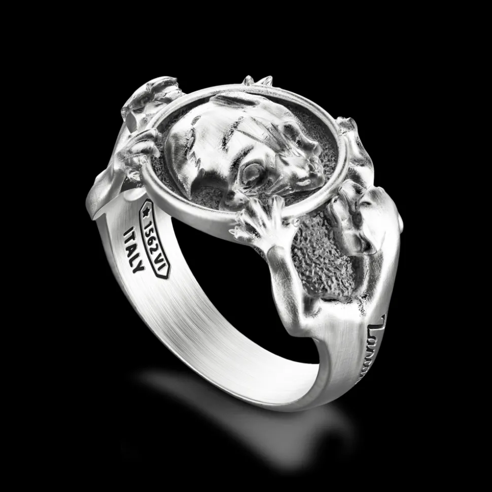Anello chevralier Zancan con pantere in argento.