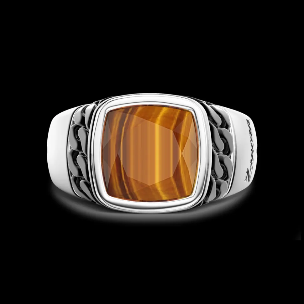 Anello in argento bianco e nero con occhio di tigre naturale.