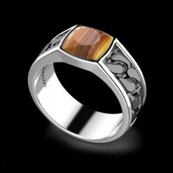 Anello in argento bianco e nero con occhio di tigre.
