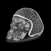 Anello Zancan in argento brunito a teschio biker con pietre nere.