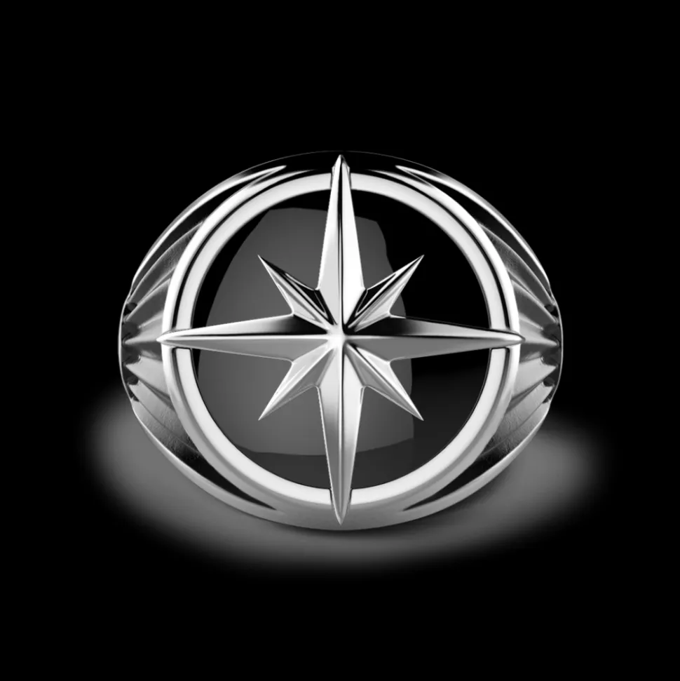 Anello Zancan in argento con l'iconica rosa dei venti su pietra onice.