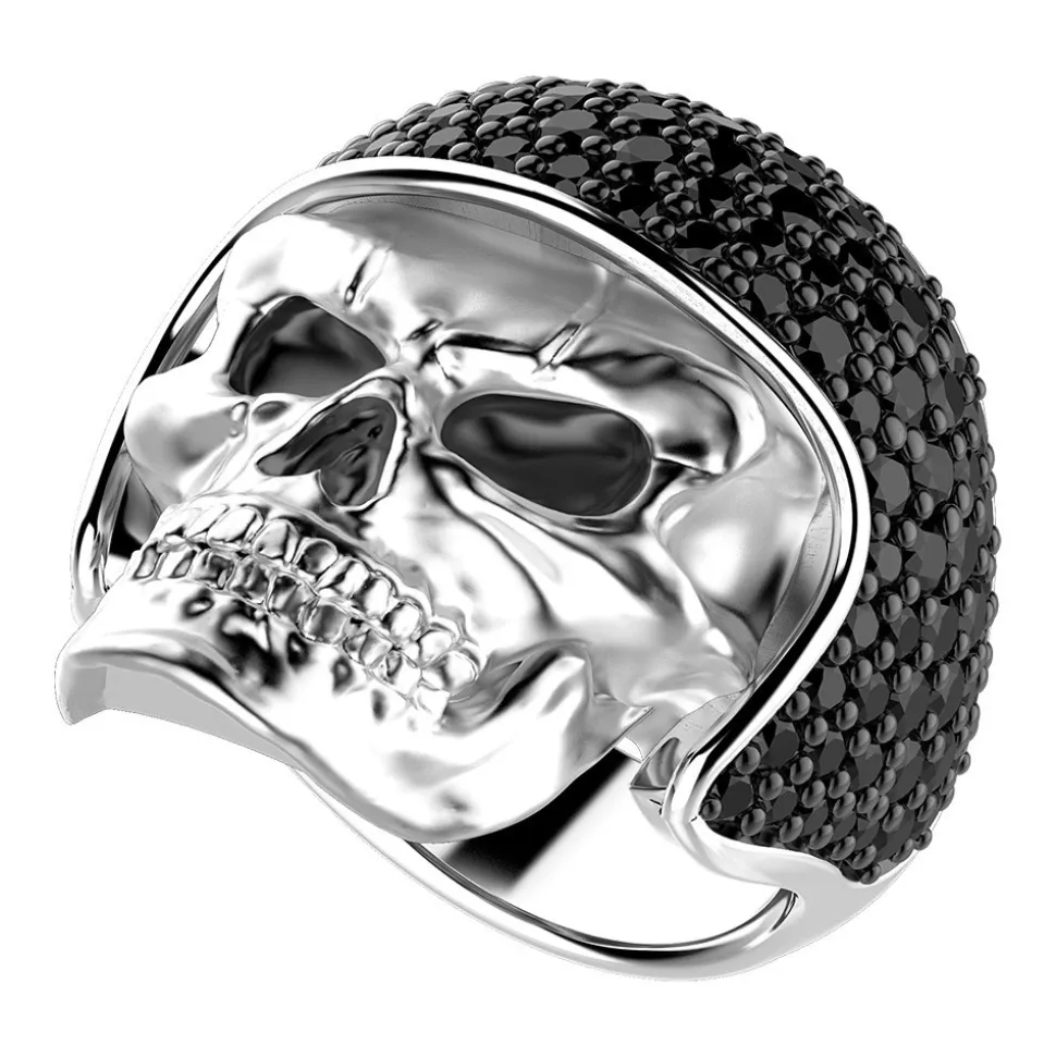 Anello Zancan in argento a teschio biker con pietre nere.