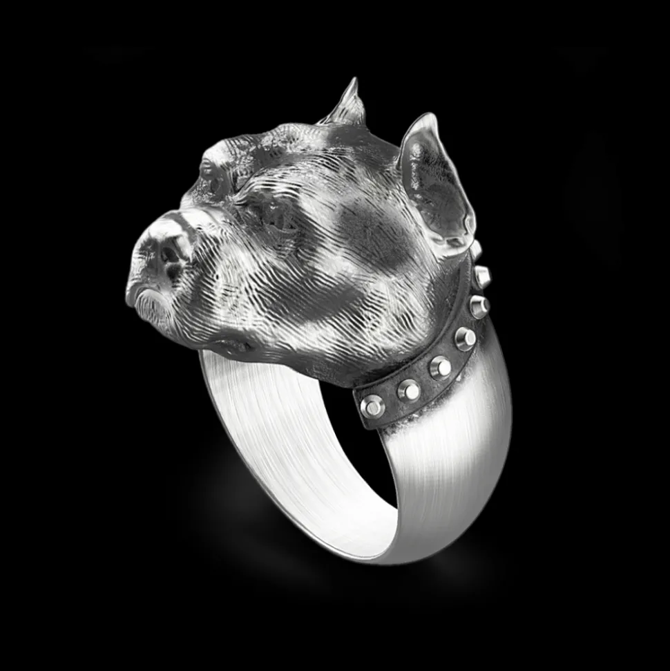 Anello Zancan pitbull in argento con finitura vintage.