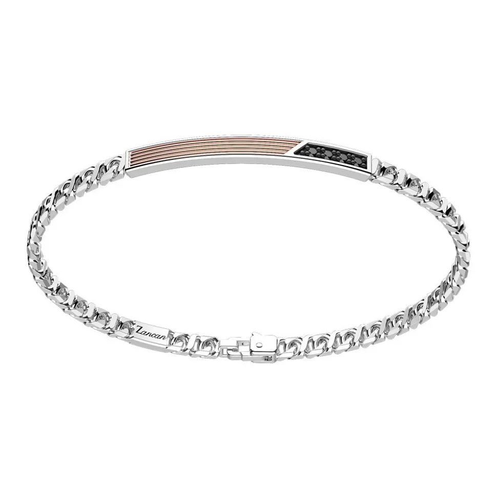 Bracciale a grumetta Zancan in argento con targa ed inserti in oro rosa e pietre nere.