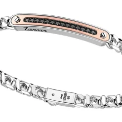 Bracciale a grumetta Zancan in argento con targa ed inserti in oro rosa e pietre nere.