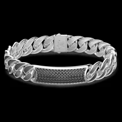 Bracciale grumetta larga Zancan in argento con finitura striatae targa con pietre nere.