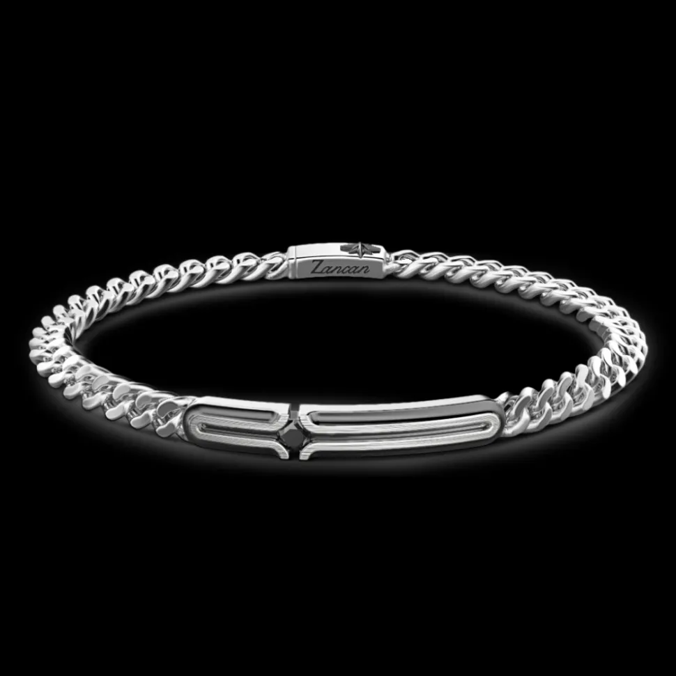 Bracciale grumetta Zancan in argento con targa e pietra nera.