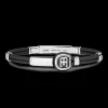 Bracciale in pelle con targa e logo Bugatti argento.