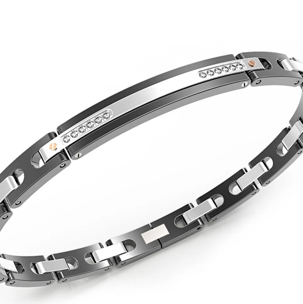 Bracciale Zancan in acciaio nero e zaffiri bianchi.