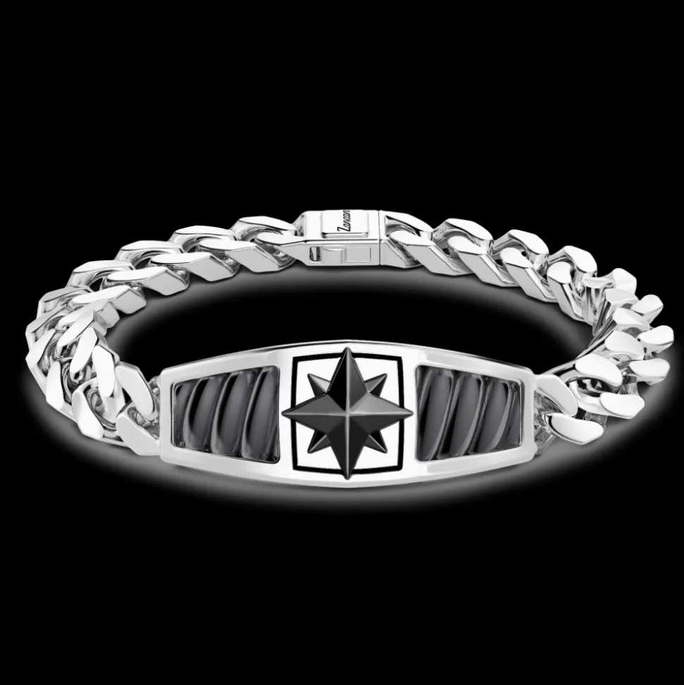 Bracciale Zancan in argento con maglia grumette e targa con rosa dei venti in ceramica.