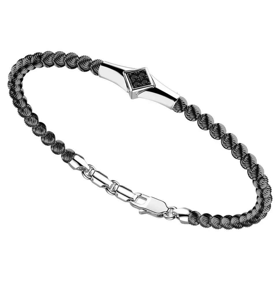 Bracciale Zancan in argento a sfere con targa e pietre nere.