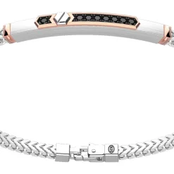 Bracciale Zancan in argento con targa ed inserti in oro rosa e pietre nere.