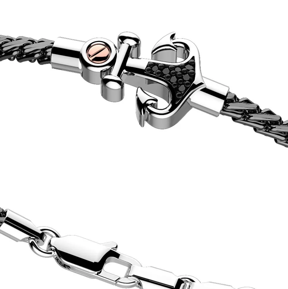 Bracciale Zancan in argento con ancora e pietre nere.