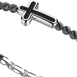 Bracciale Zancan in argento a sfere con croce e pietre nere.