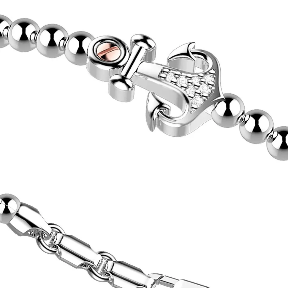 Bracciale Zancan in argento a sfere con ancora e pietre bianche.