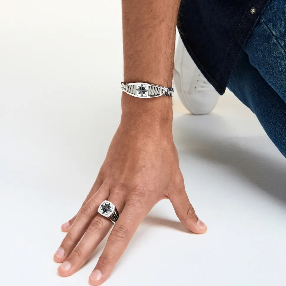 Bracciale Zancan in argento con maglia grumette e targa con rosa dei venti in ceramica.