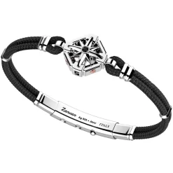 Bracciale Zancan in kevlar con rosa dei venti in argento e pietra nera.