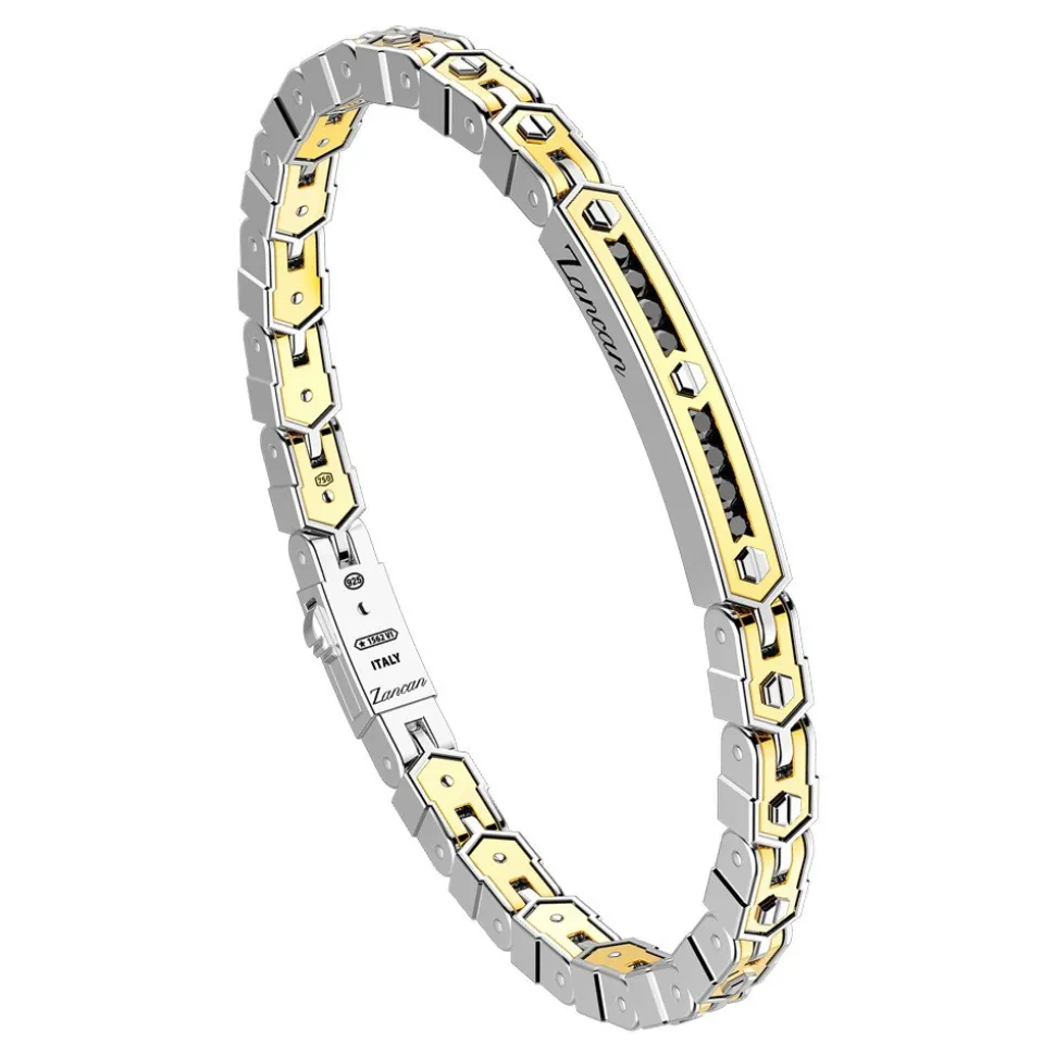 Bracciale Zancan in oro 18k ed argento con targa e pietre nere.