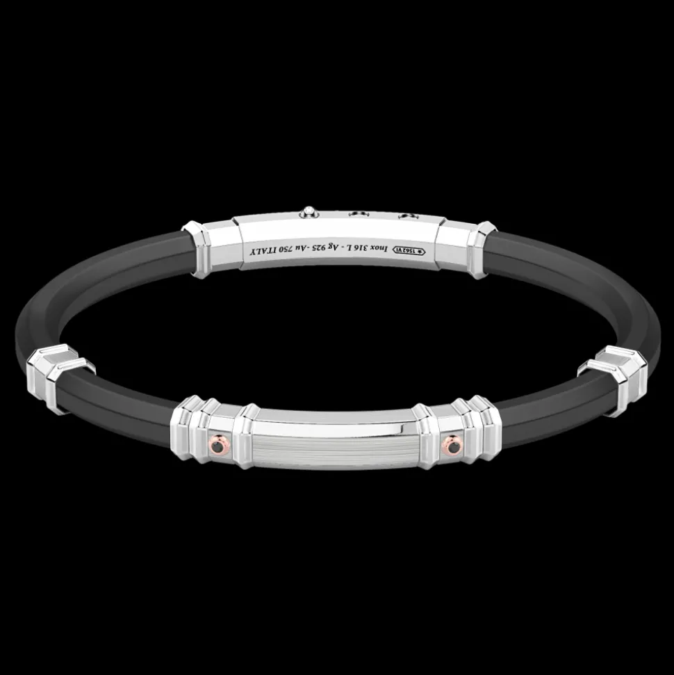 Bracciale Zancan in silicone nero con targa in argento e dettagli in oro rosa.