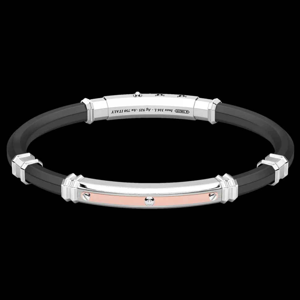 Bracciale Zancan in silicone nero con targa in argento e dettagli in oro rosa.