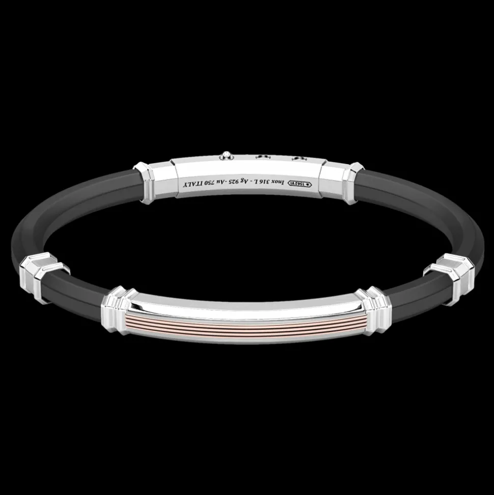 Bracciale Zancan in silicone nero con targa in argento e dettagli in oro rosa.