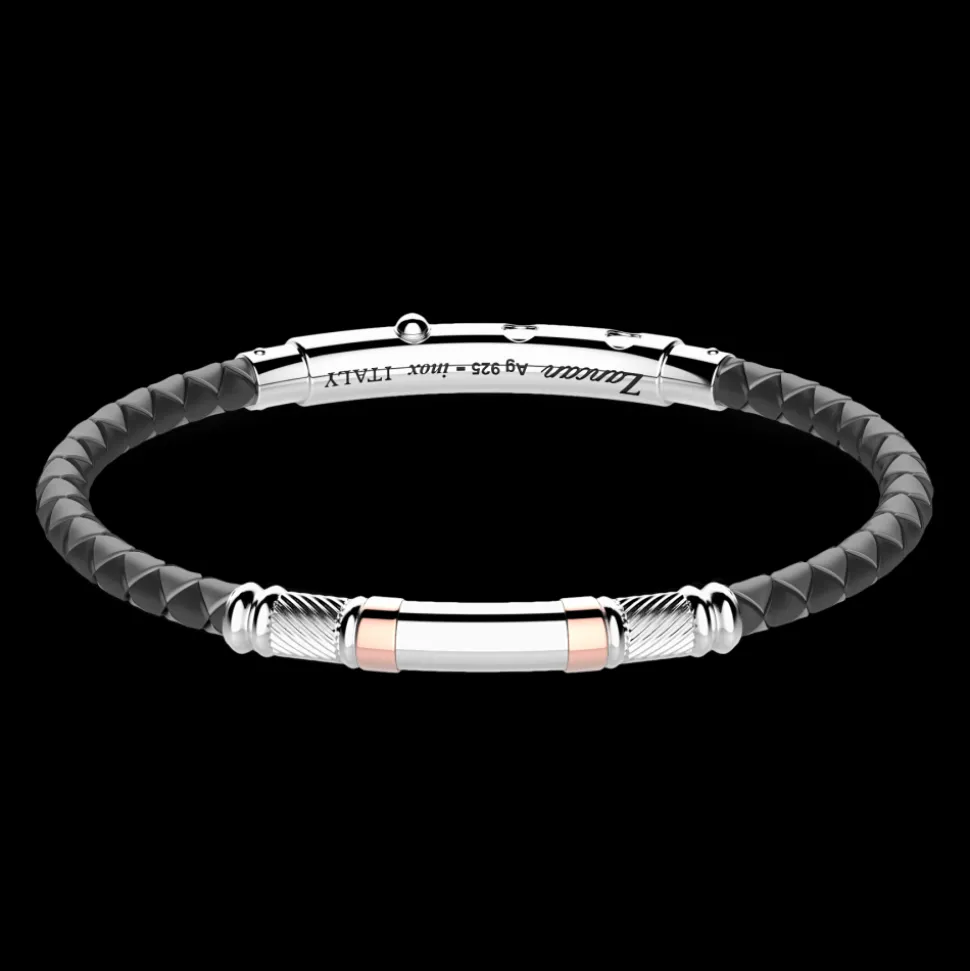 Bracciale Zancan in silicone nero con targa in argento e dettagli in oro rosa.