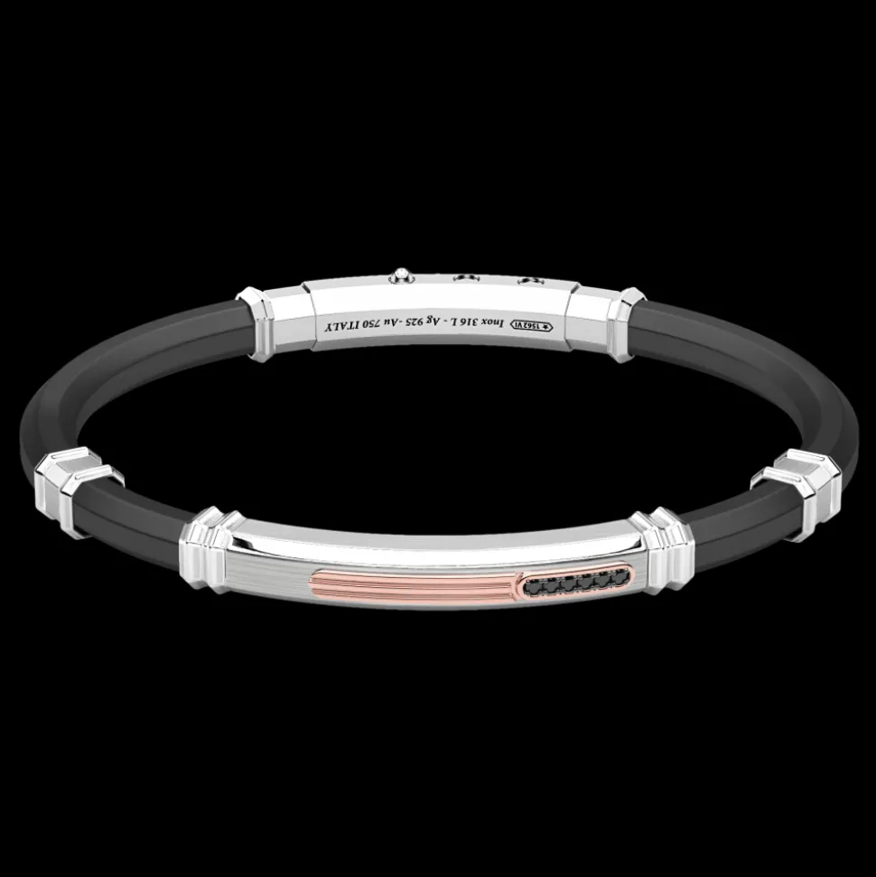 Bracciale Zancan in silicone nero con targa in argento e dettagli in oro rosa e pietre nere.