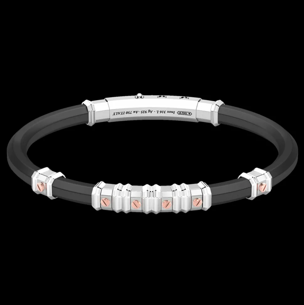 Bracciale Zancan in silicone nero con targa in argento e dettagli in oro rosa.