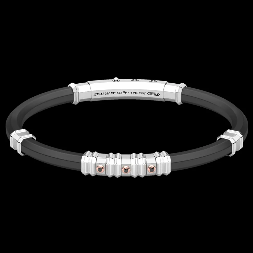 Bracciale Zancan in silicone nero con targa in argento e dettagli in oro rosa.