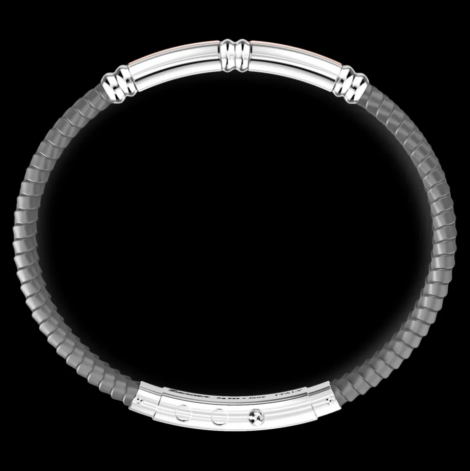 Bracciale Zancan in silicone nero con targa in argento e dettagli in oro rosa.