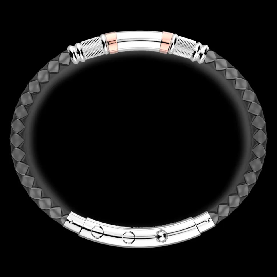Bracciale Zancan in silicone nero con targa in argento e dettagli in oro rosa.