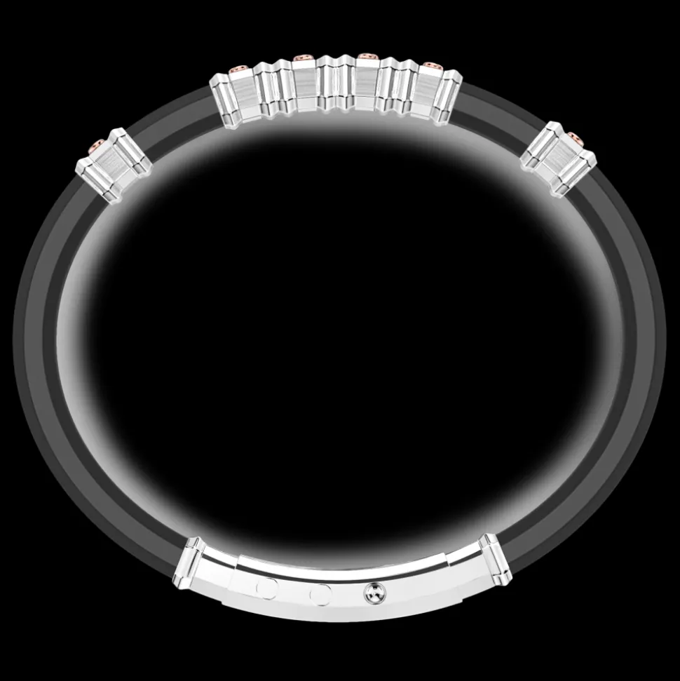 Bracciale Zancan in silicone nero con targa in argento e dettagli in oro rosa.