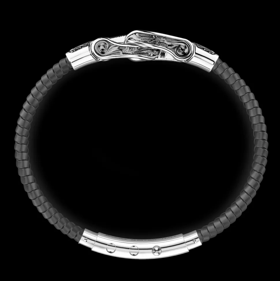 Bracciale Zancan in silicone con targa in argento e pietre nere.