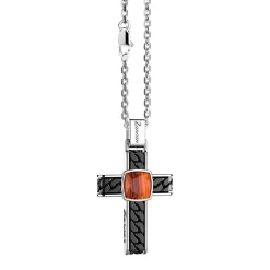 Collana in argento con pendente a croce e occhio di tigre quadrata.