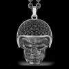 Collana Zancan in argento brunito con pendente teschio biker con pietre nere.
