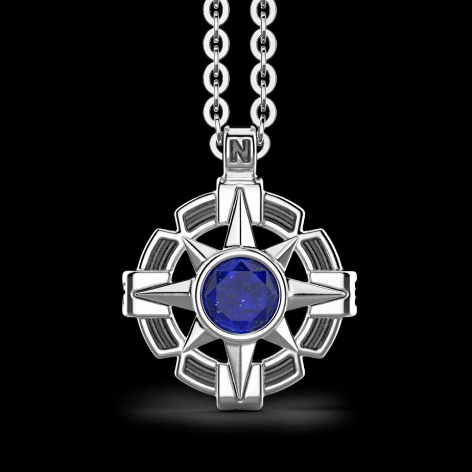 Collana Zancan in argento con pendente a rosa dei venti e pietra blu.