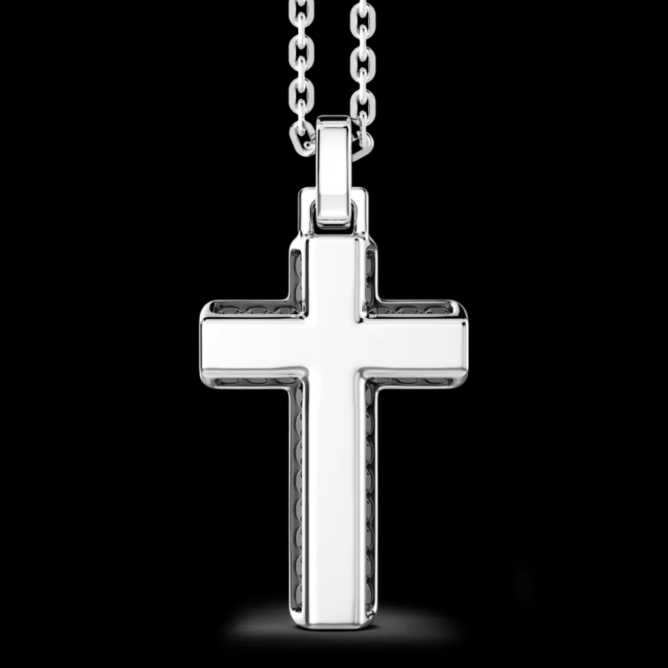 Collana Zancan in argento con pendente croce e pietre nere.