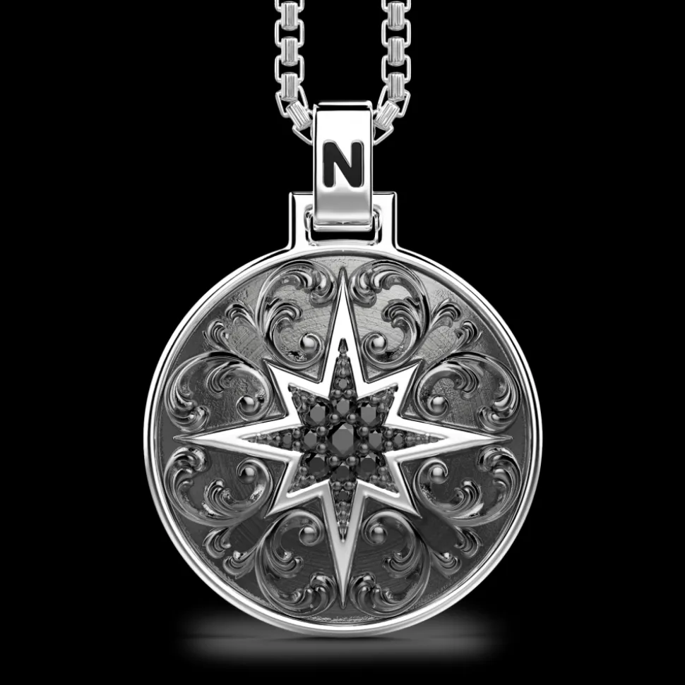 Collana Zancan in argento con pendente a rosa dei venti e pietre nere.