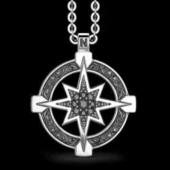 Collana Zancan in argento con pendente a rosa dei venti e pietre nere.