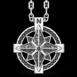 Collana Zancan in argento con pendente a rosa dei venti e pietre nere.