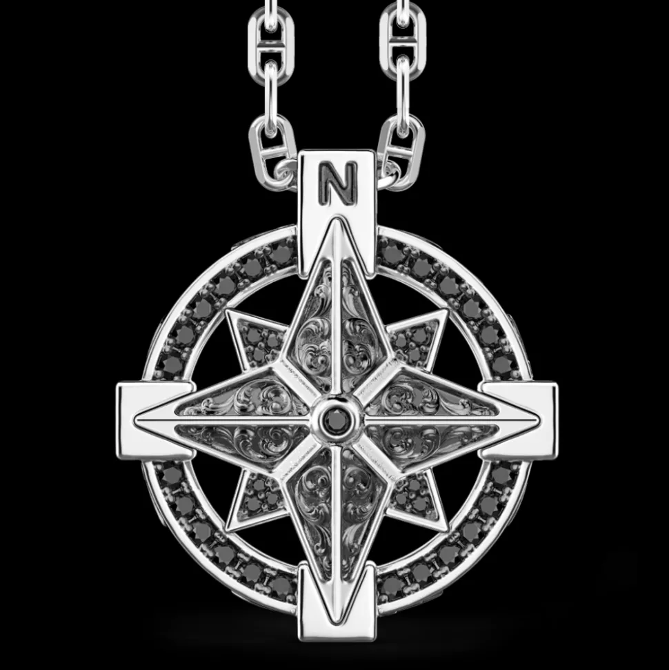 Collana Zancan in argento con pendente a rosa dei venti e pietre nere.