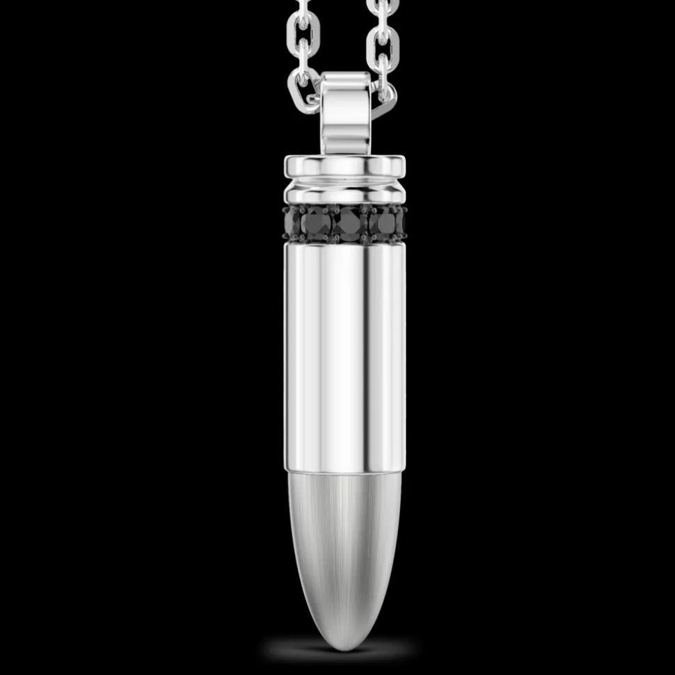 Collana Zancan in argento con proiettile e pietre nere.