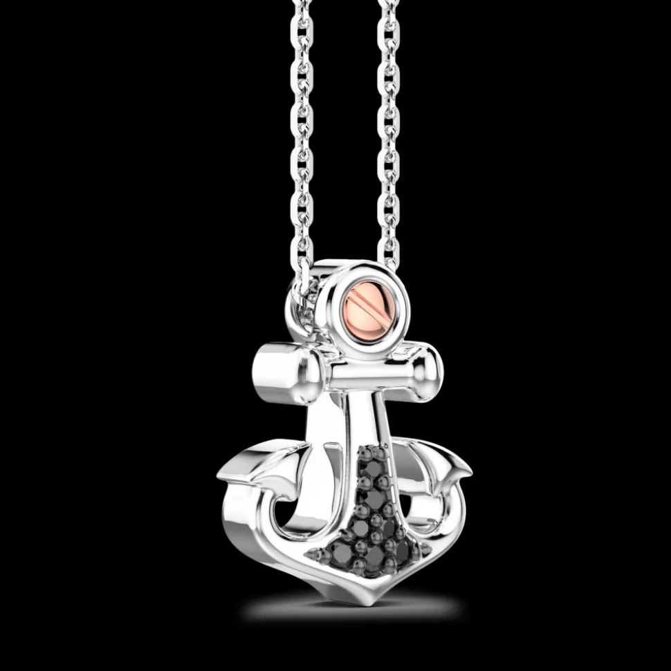 Collana Zancan in argento con pendente ad ancora e pietre nere.