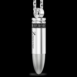 Collana Zancan in argento con proiettile e pietre nere.