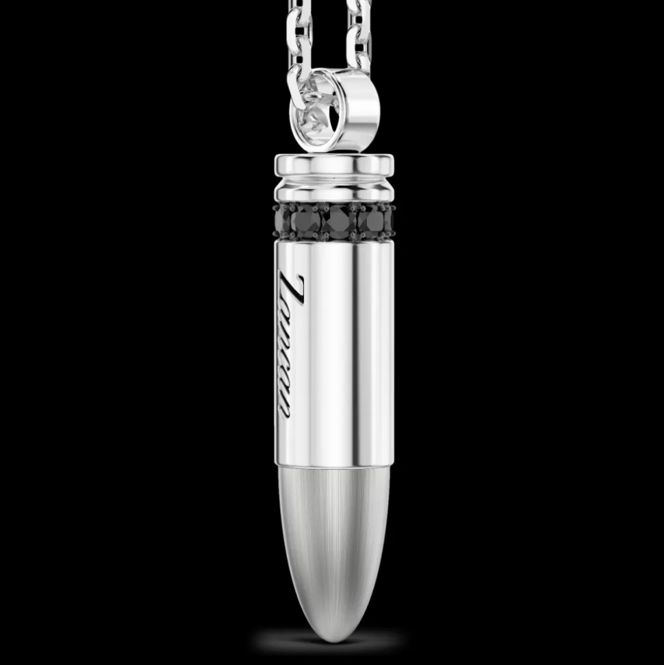 Collana Zancan in argento con proiettile e pietre nere.
