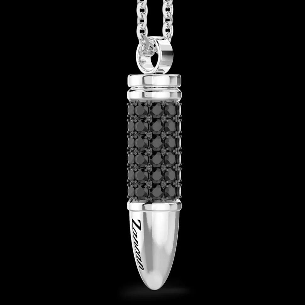 Collana Zancan in argento con proiettile e pietre nere.