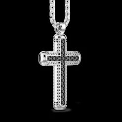 Collana Zancan in argento con pendente a croce e pietre nere.